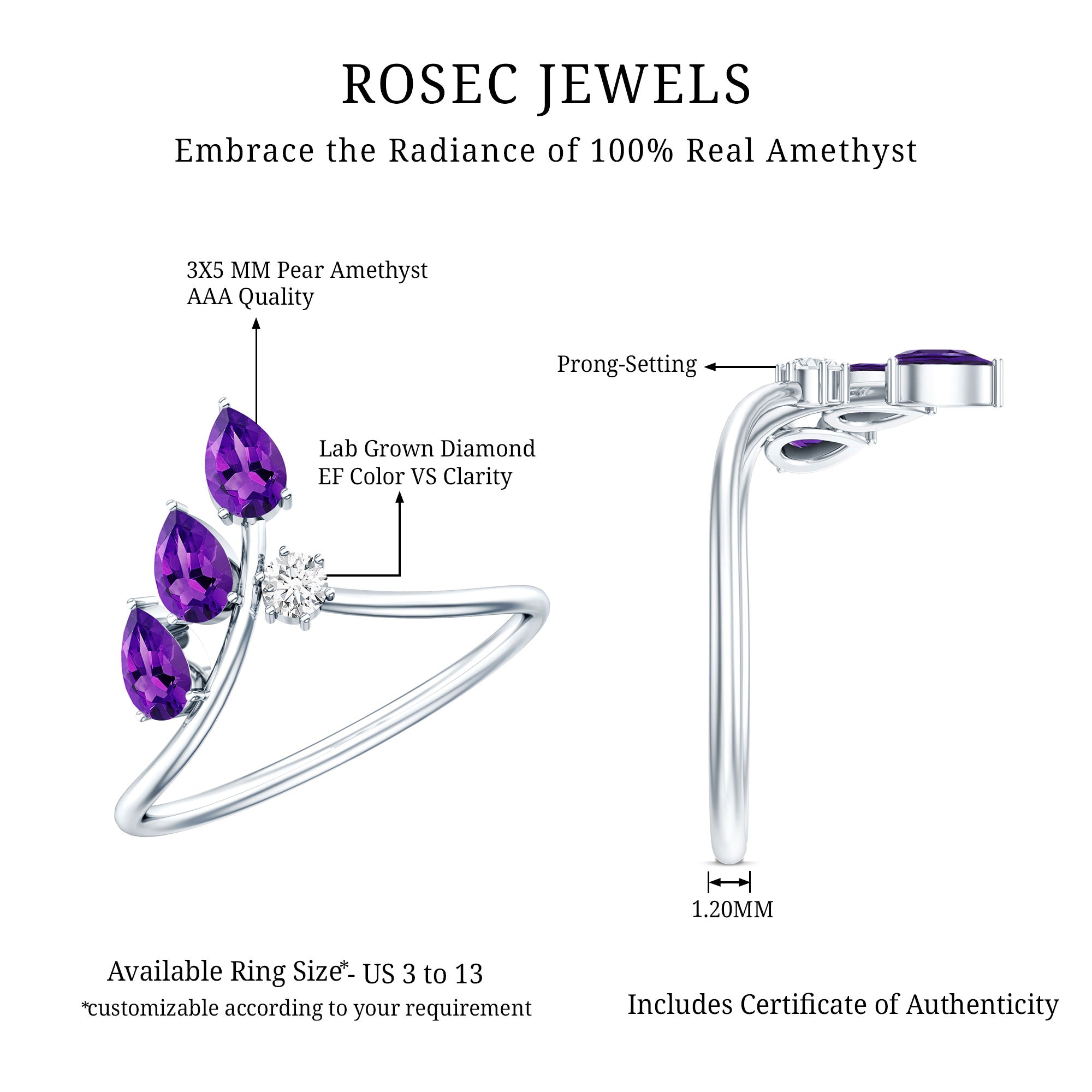 Real Pear Shaped Amethyst and Diamond Ring For Women